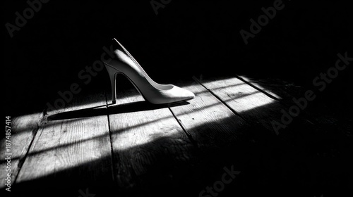 A single white high-heeled shoe casts a dramatic shadow on a dark wooden floor, bathed in a shaft of light