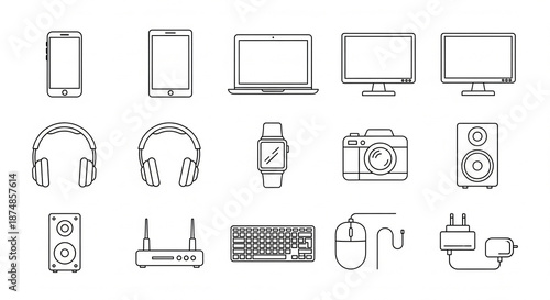 Quadro su tela Geometric outline consumer electronics icons flat vector set on white