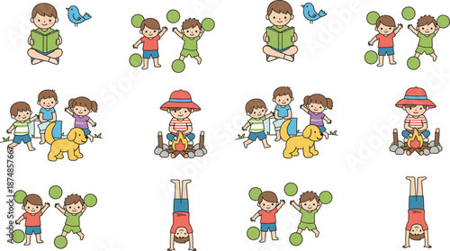 Cute kids activities illustration set with children reading, playing, camping, exercising, and outdoor fun scenes