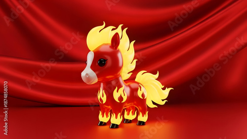 A cute fiery toy horse figurine with a vibrant red mane and tail, standing against a luxurious red silk background, embodying warmth and energy in a whimsical style