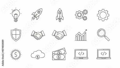 Business startup and finance icons collection hand drawn style.