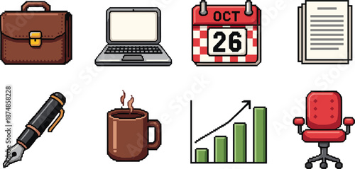 Pixel art business and office icons set including briefcase, laptop, calendar, documents, pen, coffee, growth chart and chair for professional workspace illustration