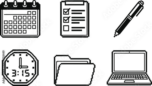 Pixel art office and productivity icons set including calendar checklist pen clock folder and laptop in retro 8 bit monochrome style illustration