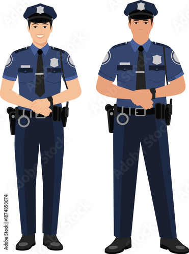 Police officer characters illustration, flat vector design of uniformed law enforcement men standing confidently, public safety service concept, security profession cartoon style