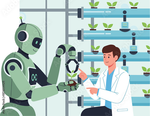 Futuristic Agriculture Robot and Male Scientist Working Together in Hydroponic Vertical Farm Illustration