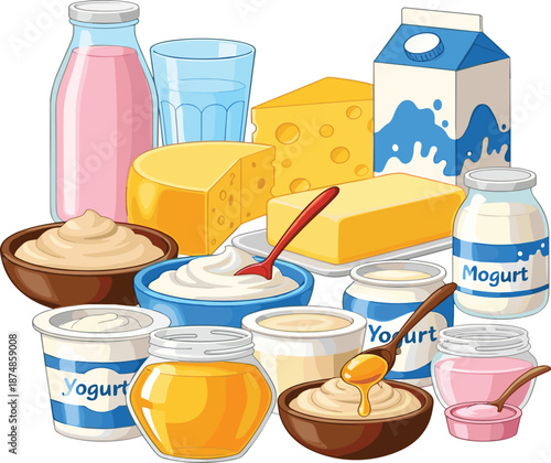 Dairy products collection vector illustration with milk cheese yogurt butter and cream isolated on white background
