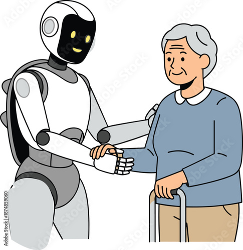 Helpful Robot Assistant Supporting Senior Woman with Walking Frame Caregiver Technology Vector Illustration