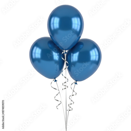 Three blue balloons cluster isolated on transparent background