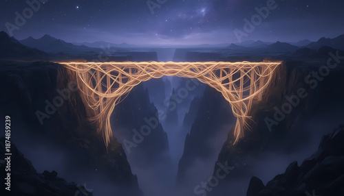 Illuminated Fantasy Bridge Spanning a Dramatic Canyon Under a Starry Night Sky