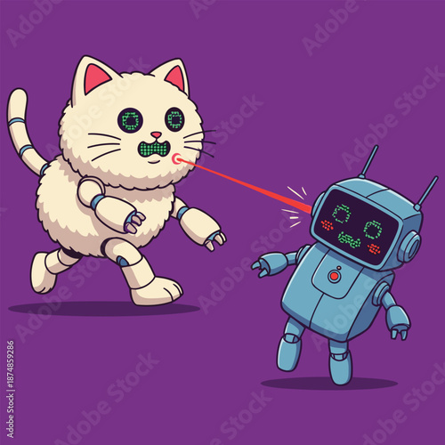 Cute Robotic Cat Chasing a Small Robot with Laser Eyes Playful Tech Interaction Vector Illustration