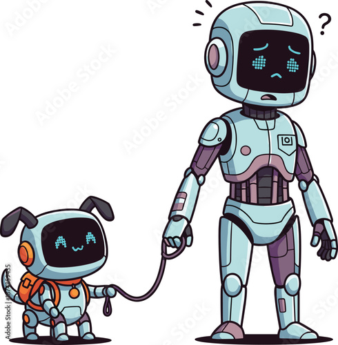 Confused Robot Character Walking a Cute Robotic Pet Dog on a Leash Vector Illustration