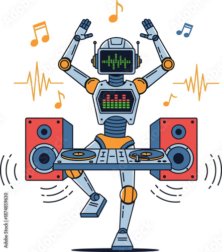 Cool Robot DJ Character Dancing at Turntables with Speakers and Musical Notes Vector