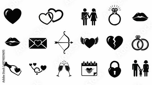 Collection of Valentines Day and love related icons.