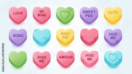 Collection of Valentines Day Conversation Hearts Candies.