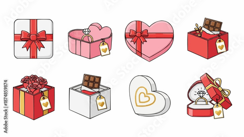 Collection of Valentines Day gift boxes and chocolates.