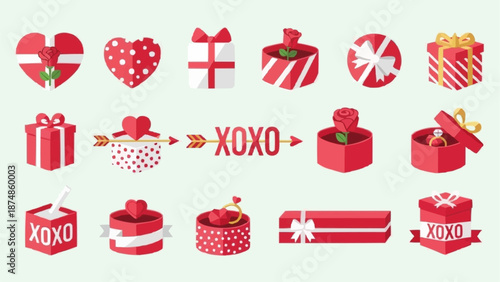 Collection of Valentines Day Gift Boxes and Hearts.