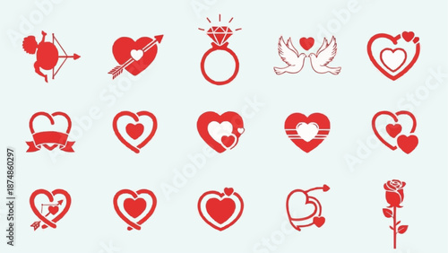 Collection of Valentines Day heart icons and symbols.