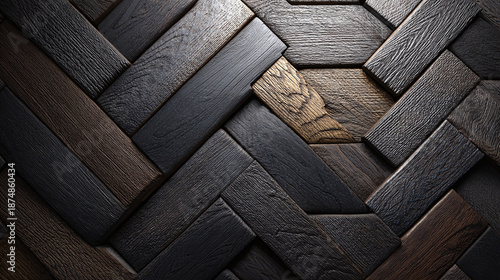 Intricate pattern of wooden blocks with herringbone and hexagon shapes, creating a visually rich texture