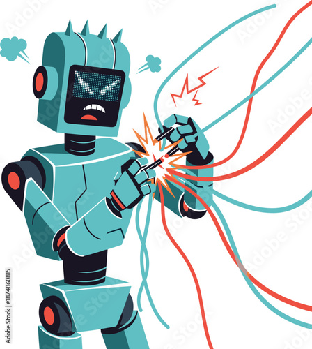 Angry Teal Robot Character Experiencing Electrical Short Circuit with Tangled Wires Vector