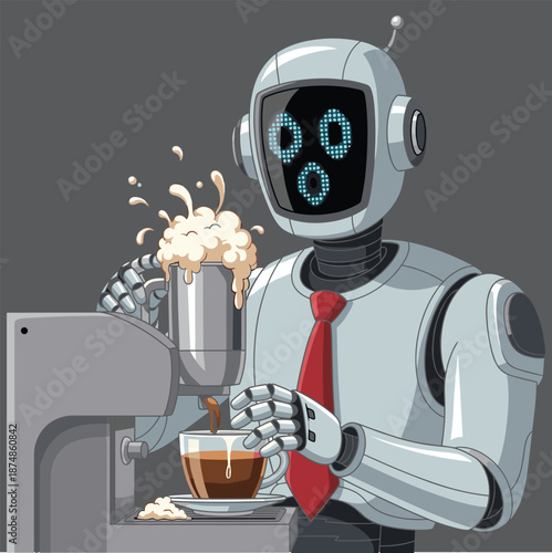 Funny Business Robot Character Panicking over Overflowing Coffee Machine in Office Vector