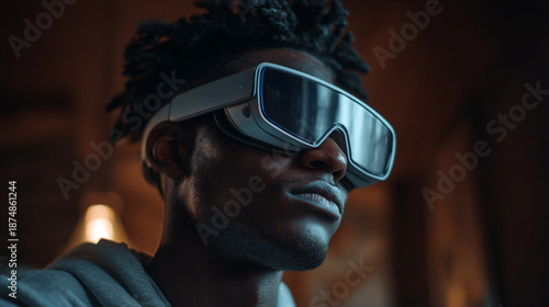 A good looking african-american, black young man wears VR Glasses in metaverse world futuristic technology concept