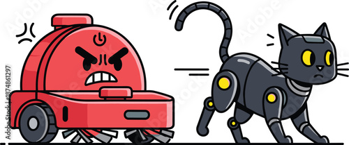 Angry Red Smart Vacuum Cleaner Character Chasing a Robotic Cat Domestic Tech Humor Vector