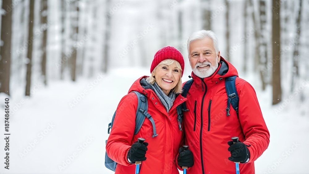 Fototapeta premium Senior couple enjoying Nordic walking in winter forest, dressed in bright red jackets, smiling happily while holding trekking poles, surrounded by snow-covered trees and serene landscape