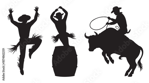 Dynamic Cowboy Silhouettes with Energetic Rodeo Action in Black and White Vector Graphic for Western Event Promotion.