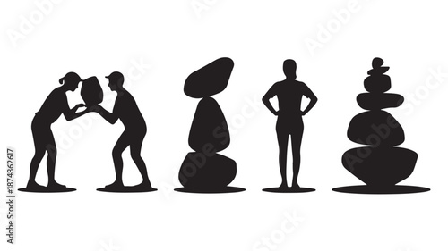 Silhouettes of people balancing stones and rock stacks in a minimalist abstract black and white vector illustration for business stability and wellness themes.