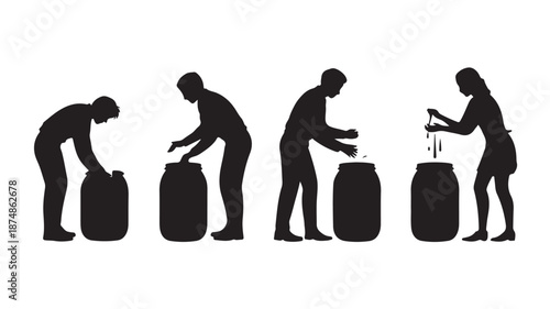 Sequential steps of people filling and sealing barrels in a clean silhouette style with high contrast black and white for industrial process illustration.