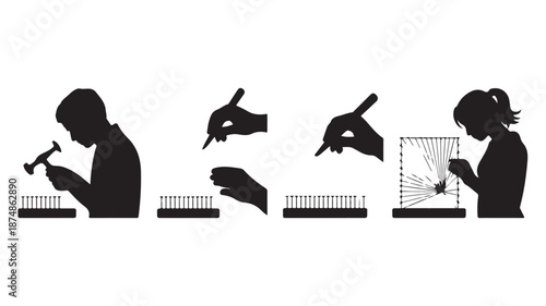 String art crafting process with creative instructional focus in black and white silhouette vector illustration for DIY hobby guides.