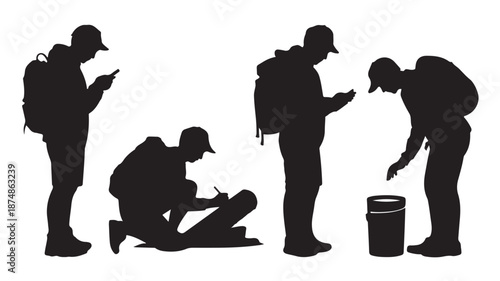 Hikers and explorers silhouettes in various poses with digital devices in high contrast black and white vector graphic for outdoor adventure and technology themes.