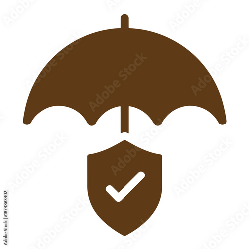 Brown umbrella protecting a shield with a checkmark  symbol of safety and security