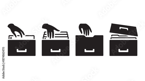 Document Filing Icons Minimalist Business Illustration in Black and White Vector Graphic Set for Office Workflow Management.