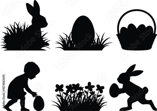 Easter Silhouettes with Bunny and Eggs , easter, bunny, rabbit, eggs, basket, children, play, silhouette, 