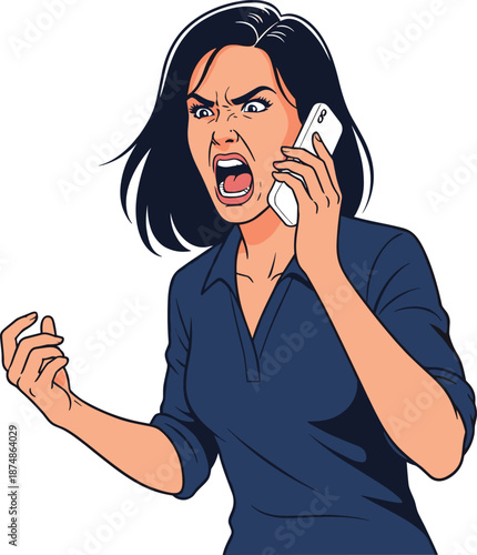 Angry Woman Shouting on Smartphone, Intense Conflict and Rage During Phone Call, Female Character Expressing Communication Frustration and Workplace Stress Vector Illustration
