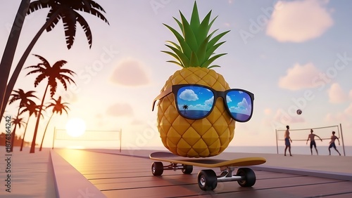 A fun cartoon pineapple character wearing sunglasses and skateboarding on the beach during sunset