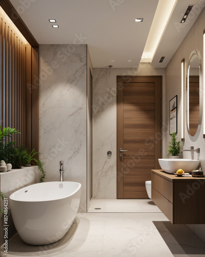 Luxury Modern Bathroom Interior with Marble Tiles, Bathtub and Walk-In Shower