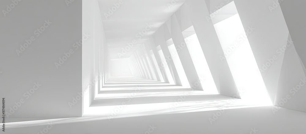 Fototapeta premium Perspective view of a long, white hallway with angled pillars and bright light emanating from openings