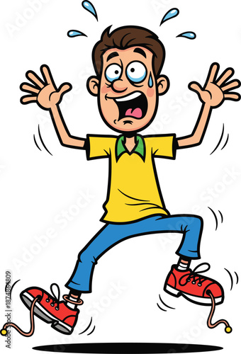 Panicked Man Tripping Over Untied Shoelaces, Comedic Male Character Stumbling and Clumsy Accident Concept, Whimsical Physical Comedy and Blunder Vector Illustration