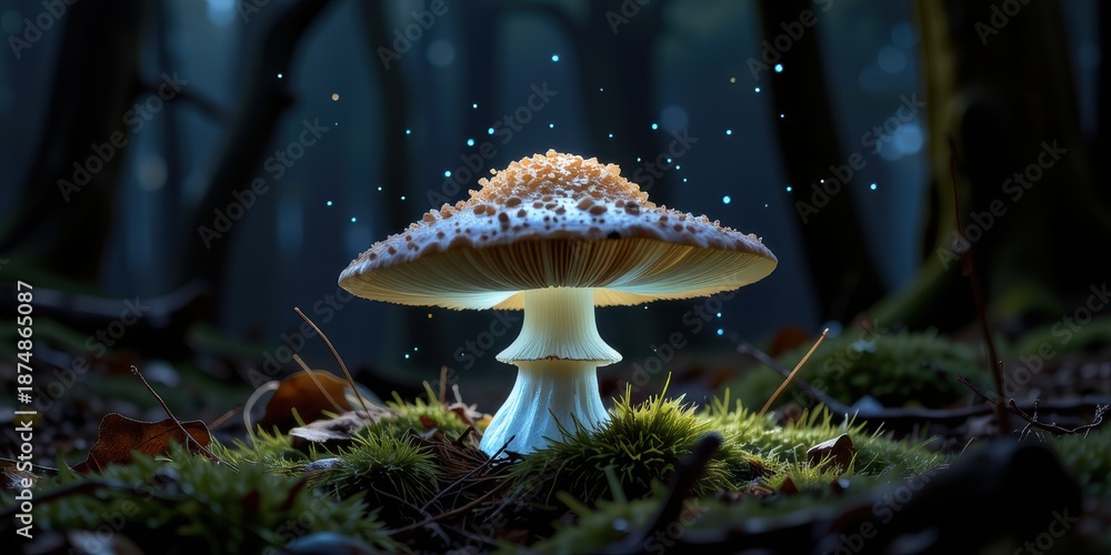 Fototapeta premium A glowing mushroom surrounded by moss in a dark forest ambiance.