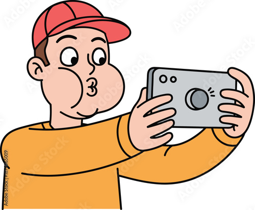 Man in Baseball Cap Taking Selfie with Smartphone making Duck Face, Fun Male Character Social Media Influence and Mobile Photography Concept, Modern Communication Vector Illustration