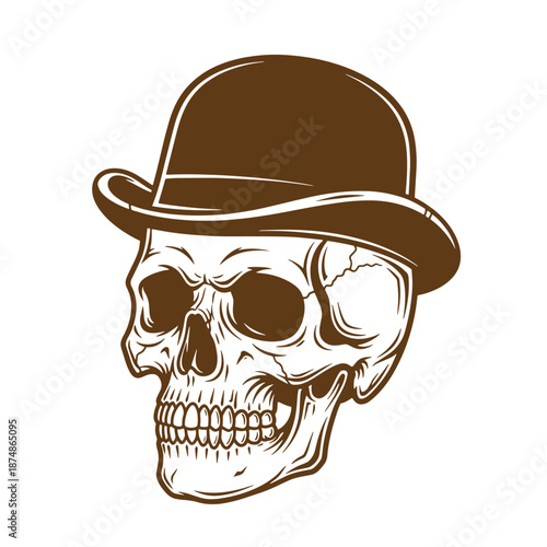 human skull wearing brown bowler hat isolated on white background