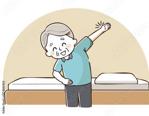 Elderly Man Stretching Exercise Senior Fitness Flexibility Routine Cartoon Character Adult Chair Physical Activity Concept