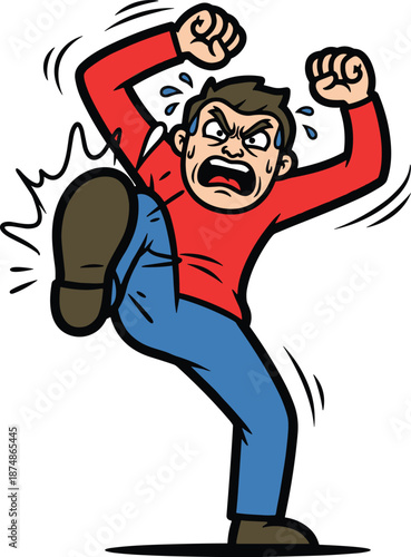 Angry Man Kicking in Temper Tantrum, Comedic Male Character Expressing Intense Rage and Outburst, Emotional Stress and Frustration Vector Illustration