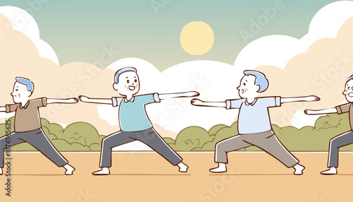Happy active group of elderly seniors men enjoying morning fitness class outdoors park illustration