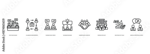 Teamwork Office Collaboration Banner Illustration with Office Team Discussion, Collaborative Work Environment, Coworking Project Meeting, Team Brainstorm Session, Business Partner Cooperation, Corpora