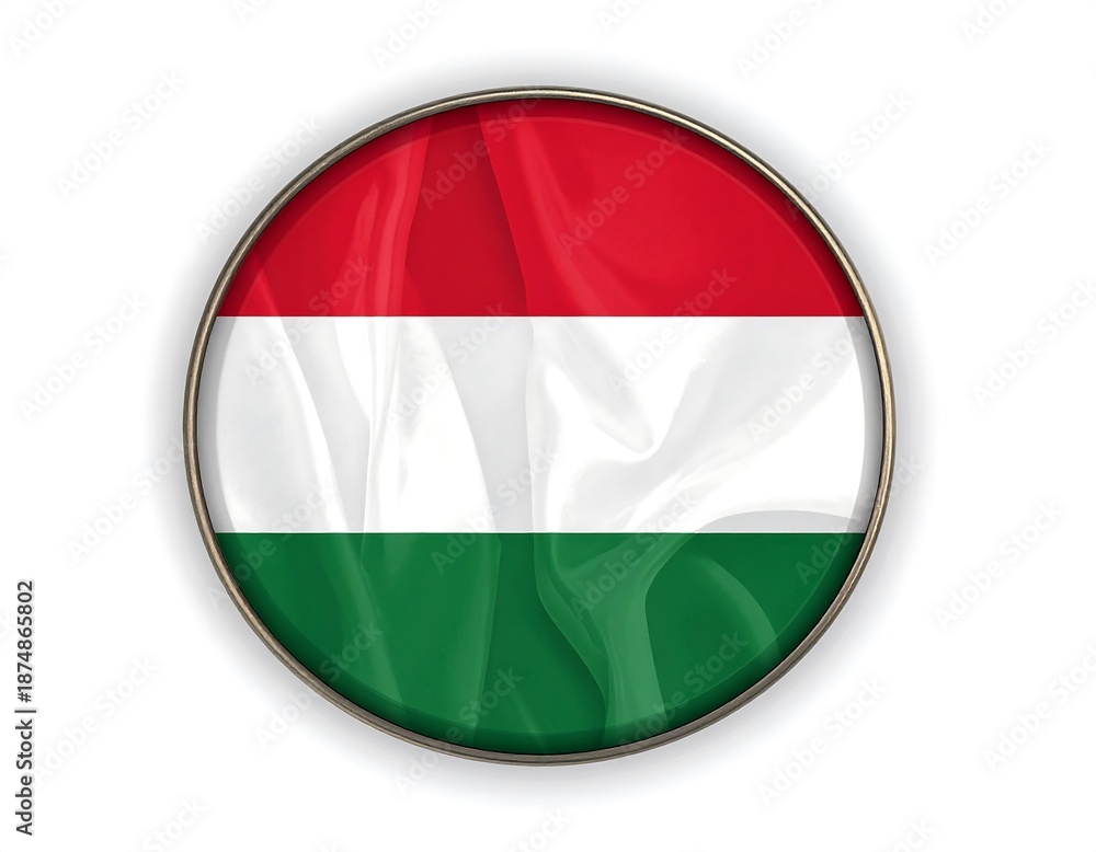 Obraz premium A circular badge displaying the flag of a European nation. The emblem showcases three horizontal stripes red, white, and green with a gold border