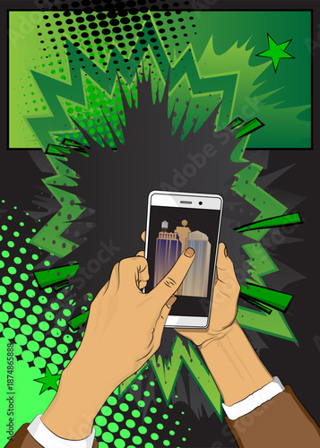 Cartoon Smartphone, comic book Telephone with Skyscraper. Retro vector comics pop art design.