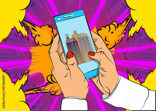 Cartoon Smartphone, comic book Telephone with Skyscraper. Retro vector comics pop art design.